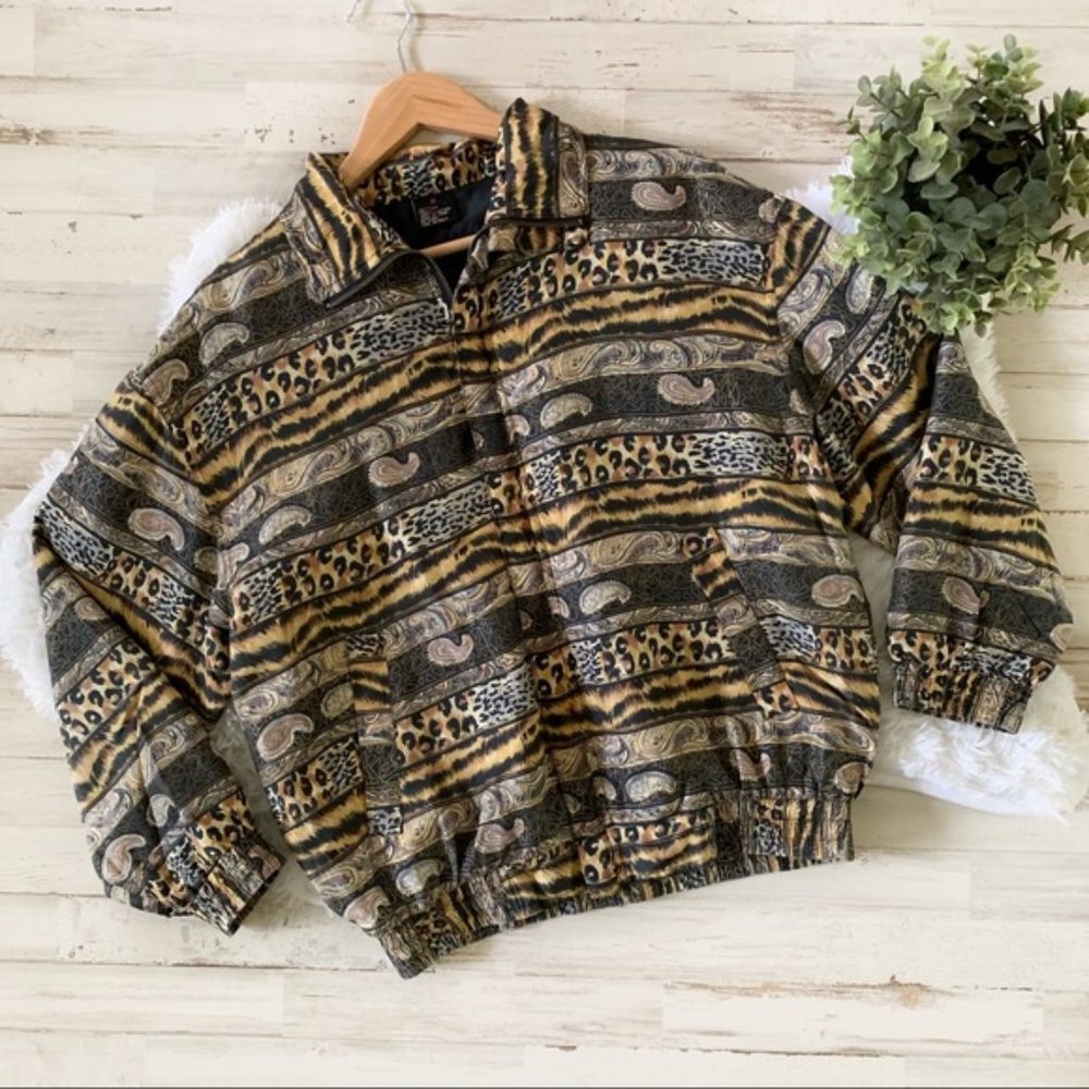 Vintage 90s Animal Leopard Tiger Printed Silk Bomber Track Jacket Small